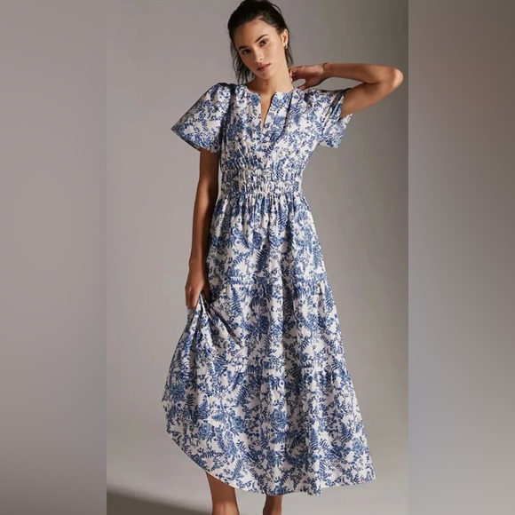 Anthropologie Dresses & Skirts - Anthropologie Somerset Maxi Dress Blue White Floral Toile Maeve Large Cotton